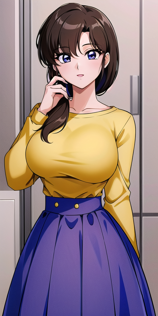 04627-3873519578-, tendou_kasumi, , Yellow_Shirt_blue_high-waist_skirt, standing, solo, large breasts,, masterpiece, best quality, detailed face,.png